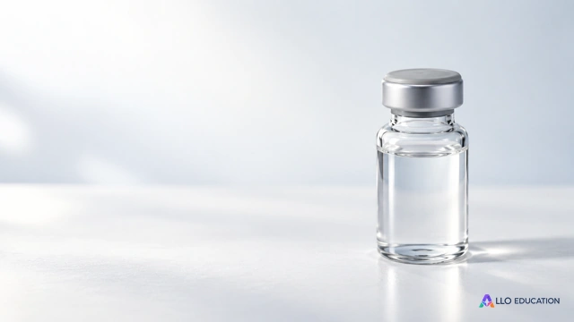 Un flacon de vaccin fictif en verre, fermé par un bouchon, sans aucune étiquette ni marque.