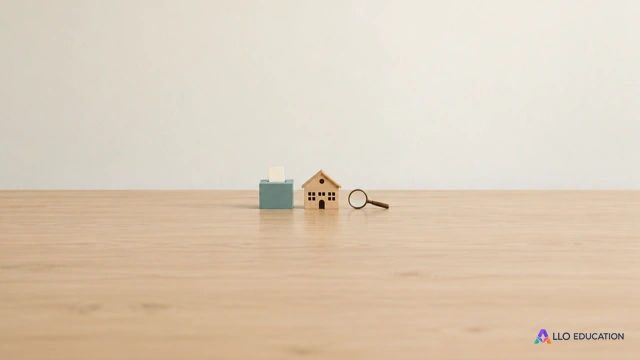 Une petite urne verte, une école miniature et une loupe sur une table claire.