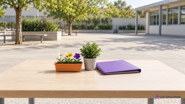 Petite jardinière fleurie orange, arbuste vert et dossier violet vierge évoquant un projet scolaire et le respect du vivant.