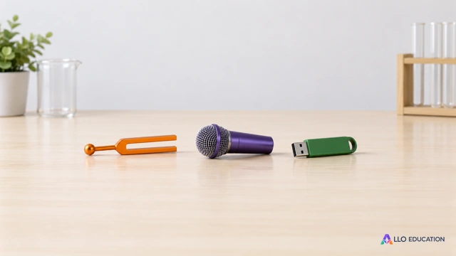 Petit diapason orange, microphone violet et mémoire verte sans inscription évoquent le passage d’un son à ses représentations numériques.