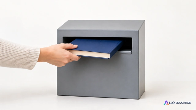 Un livre uni glissé dans la fente d’une boîte de retour, sur fond clair.