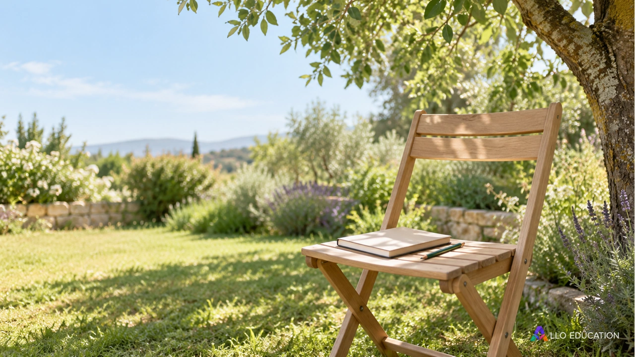 Un carnet fermé et un crayon reposent sur une chaise vide sous un arbre.