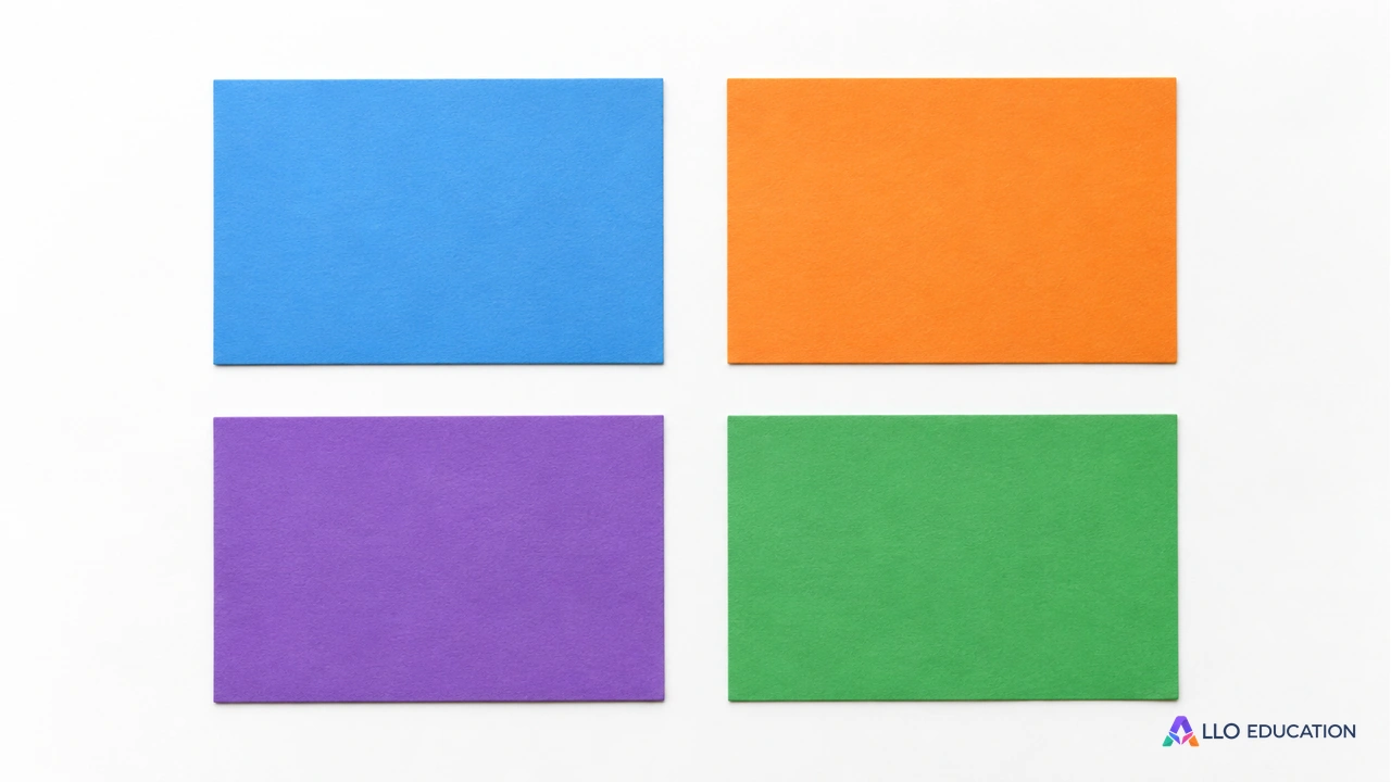 Quatre cartes vierges, bleue, orange, violette et verte, pour un atelier de classement.