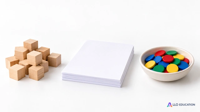 Des cubes de bois sans inscription à gauche, des feuilles vierges au centre, une coupelle de jetons unis sans inscription à droite.