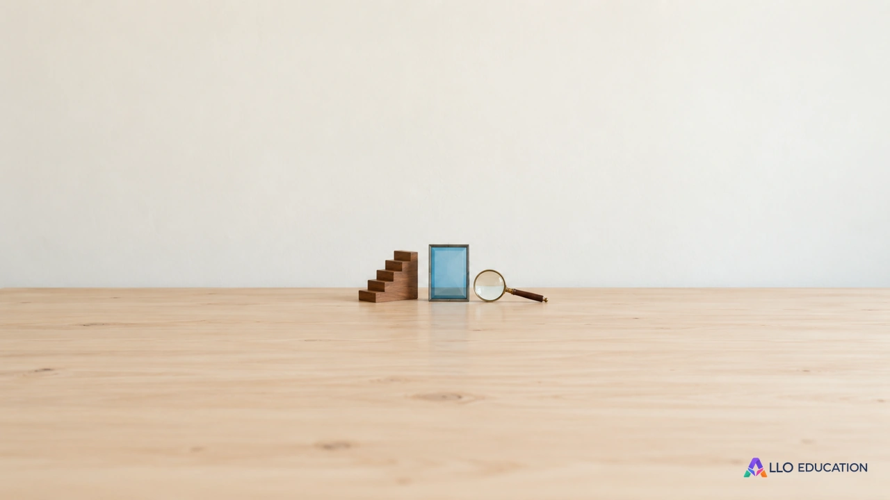 Un petit escalier de bois, un cadre bleu et une loupe évoquent les étapes et la vérification d’une limite.