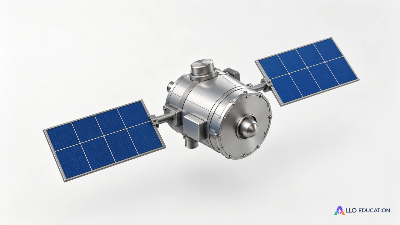 Un modèle réduit de satellite au corps métallique uni avec deux petits panneaux bleus, isolée sur fond clair sans inscription.