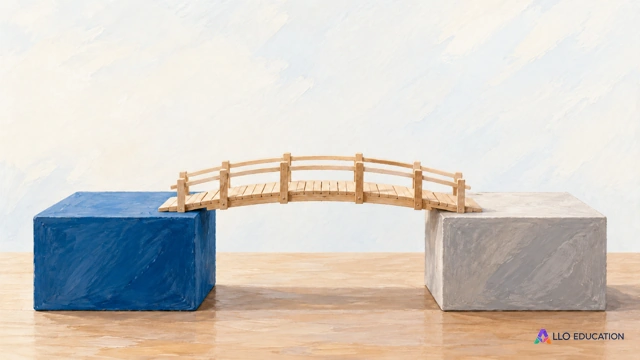 Une petite passerelle de bois relie deux blocs sobres sur une table.