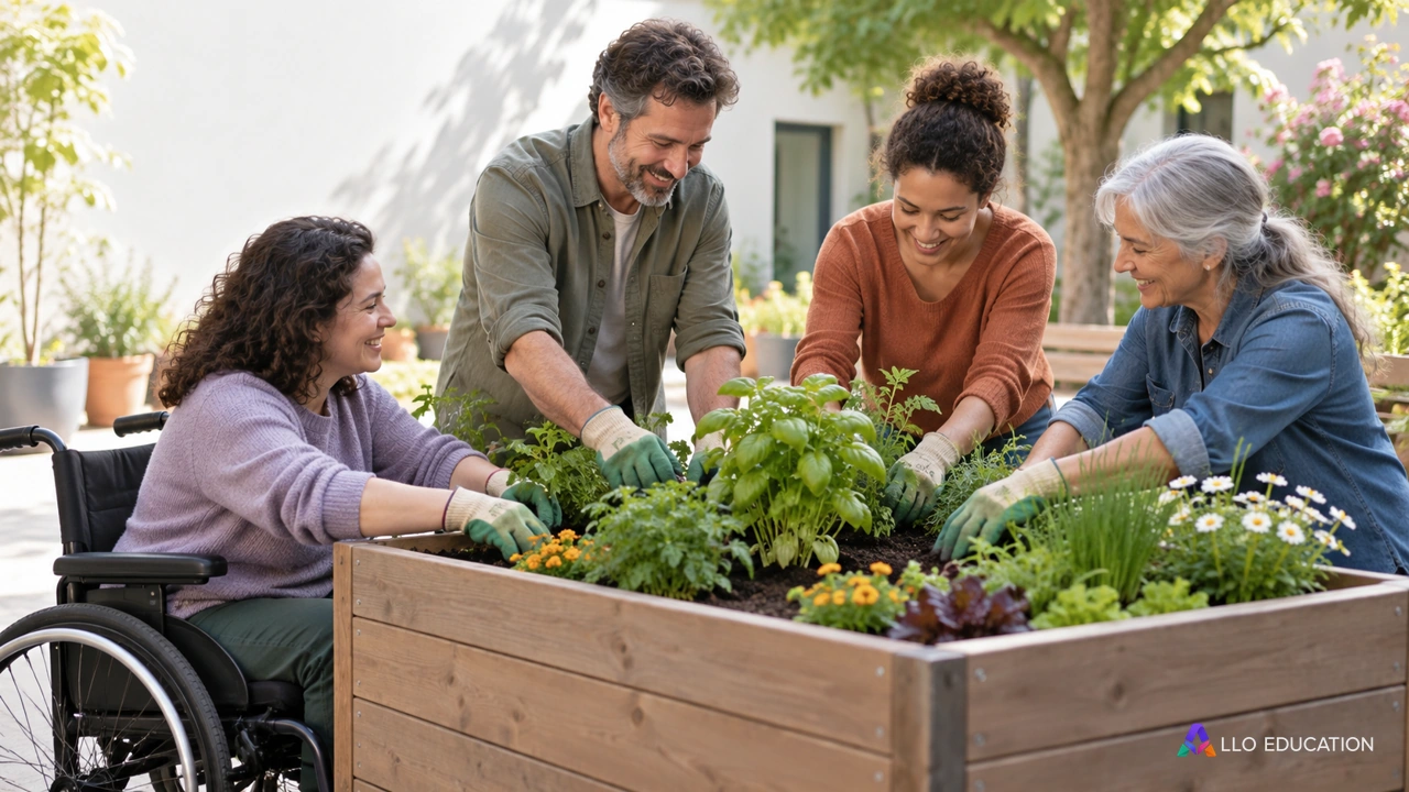 Des habitants participent ensemble à une plantation dans une cour : une entrée visuelle vers le bien-être et les liens collectifs.