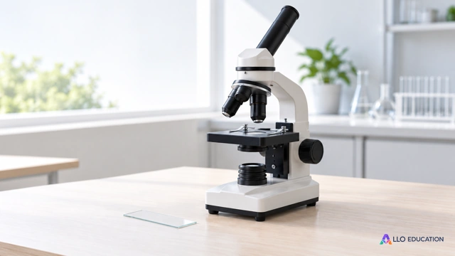 Un microscope anonyme et une lame de verre sur une table claire.