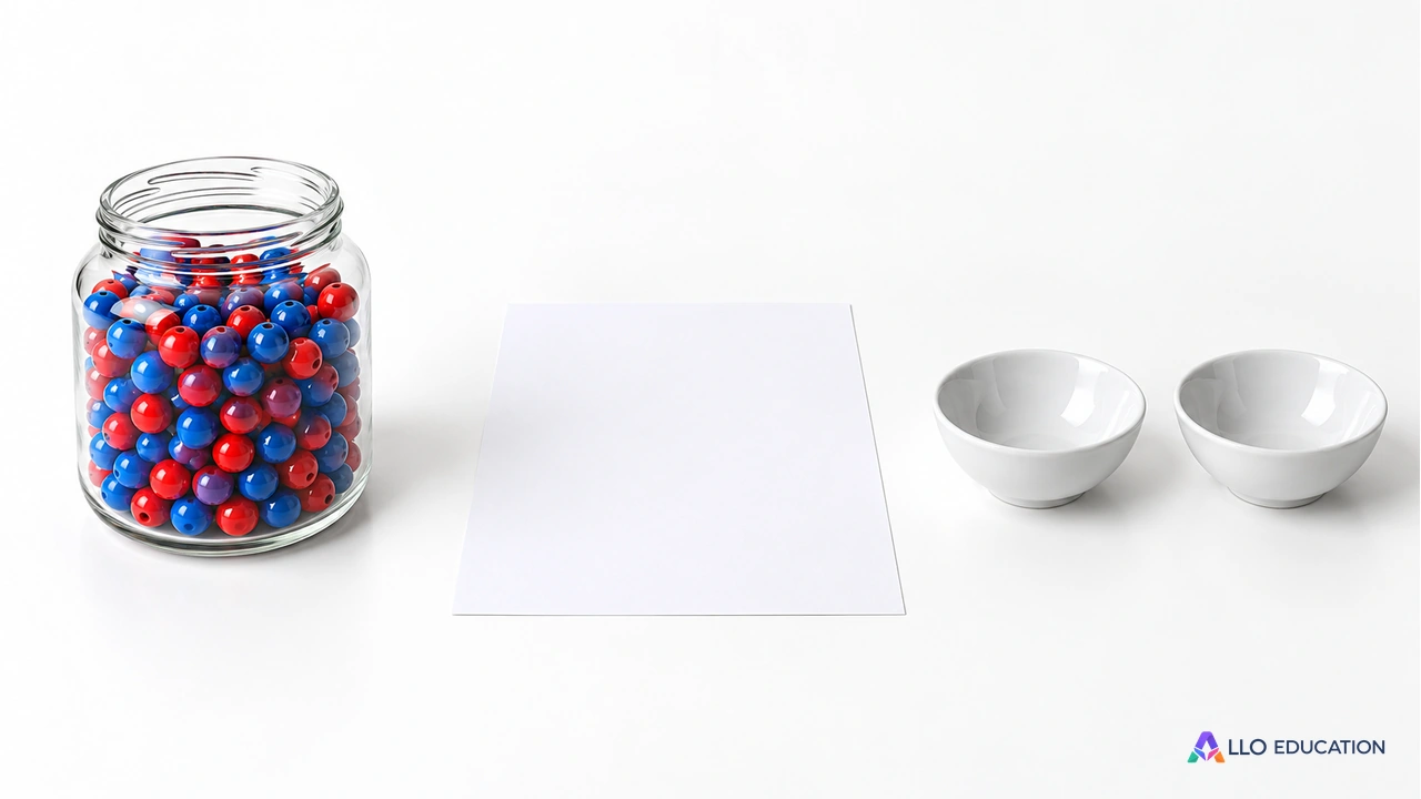 À gauche un bocal transparent de perles bleues et rouges mélangées ; au centre une feuille entièrement blanche ; à droite deux coupelles vides séparées.