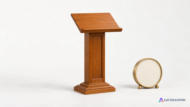 Un pupitre en bois et une petite horloge à cadran strictement uni sans chiffres ni aiguilles, isolés sur fond clair.