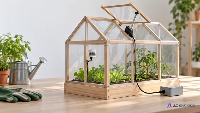 Un modèle réduit de serre avec un volet mobile, un capteur discret et un câble, sujet central réaliste sur fond clair ; aucun écran lisible, aucune formule, aucune valeur.