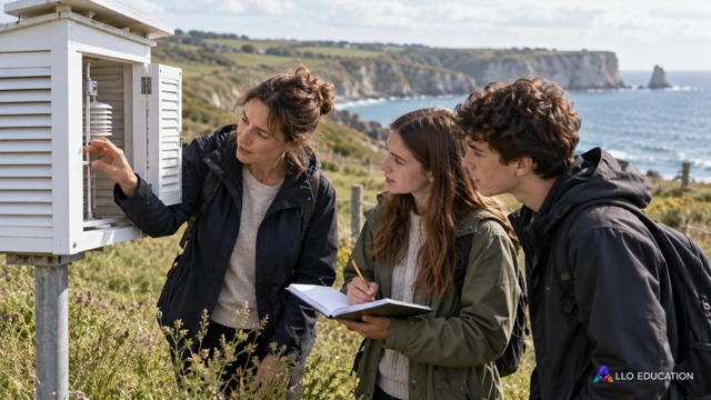 Sortie fictive de lycée : enseignante et deux élèves observent un abri météorologique près du littoral avec carnet muet ; aucune mesure ni tendance réelle illustrée.
