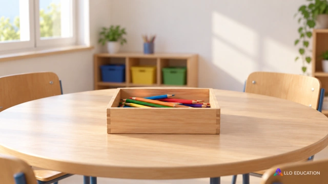 Une boîte de matériel collectif et des crayons sans inscription sont prêts sur une table de classe, dans une scène inventée.