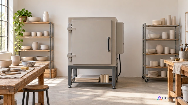 Un four professionnel de poterie fermé au centre d’un atelier clair avec céramiques neutres et outils rangés, composition éditoriale forte autour de cet équipement durable, aucun a