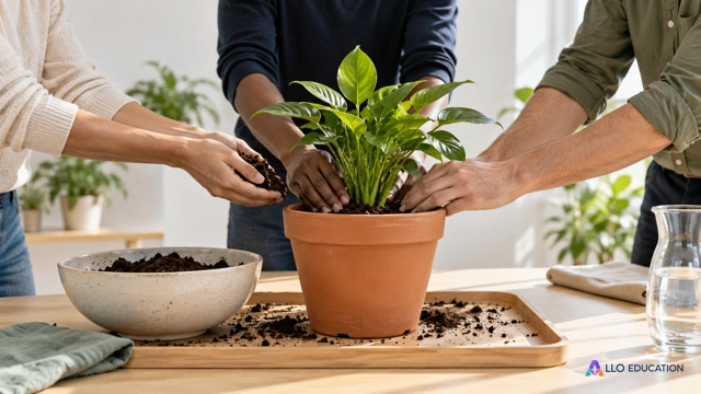 Des mains préparent ensemble des pots unis et des plantes sur une table claire.
