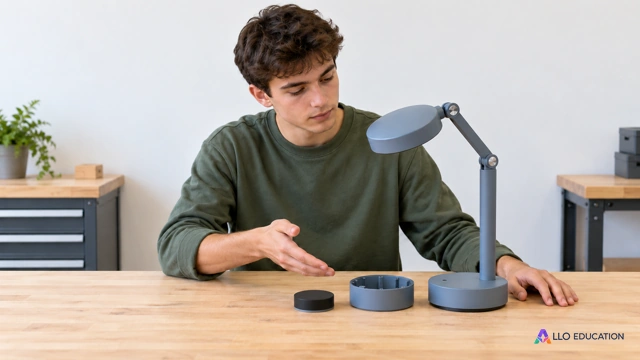 Un jeune adulte fictif compare un luminaire de travail à son module démontable sur un établi clair, sans inscription ni marque.