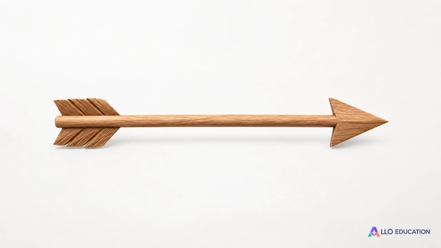 Une seule flèche matérielle en bois, sans lettres ni texte, objet isolé.