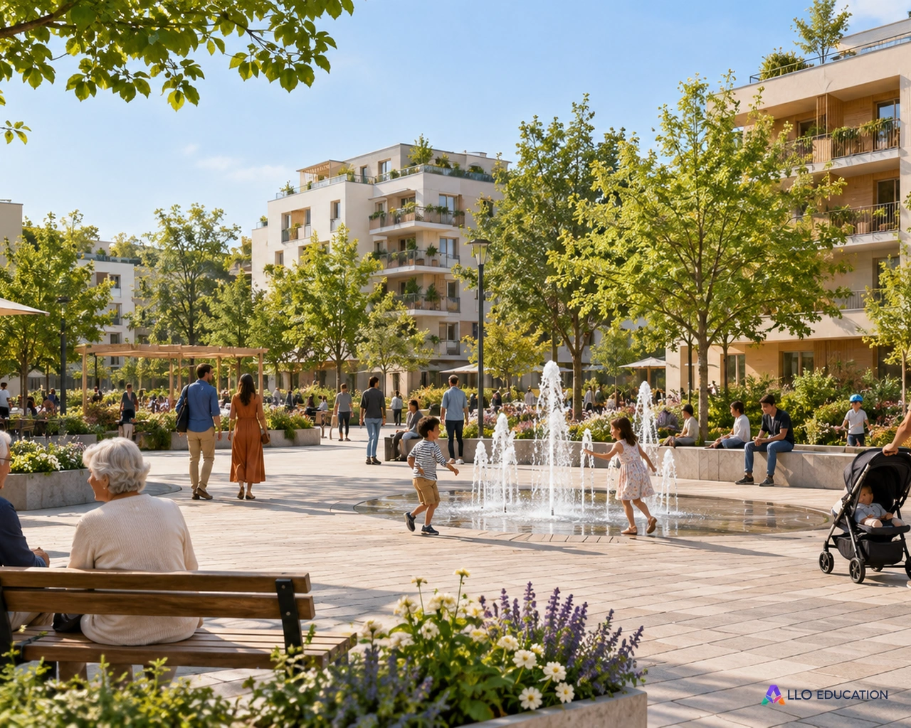 Des habitants dans une place fictive évoquent populations, services et diversité des besoins.