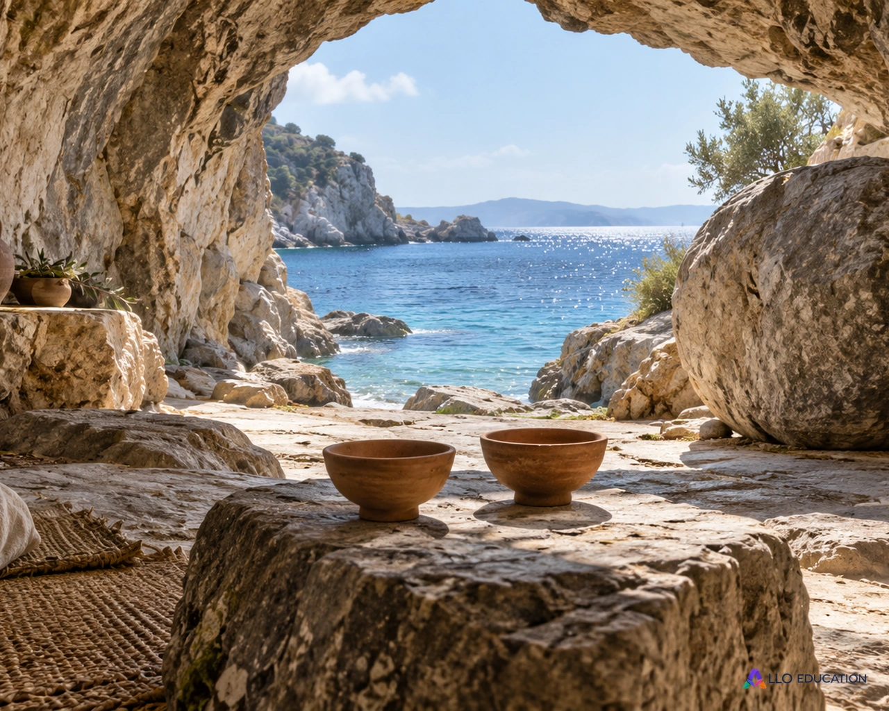 Le seuil d’une grotte ouvre sur la mer ; un rocher et deux coupes d’argile évoquent une rencontre.