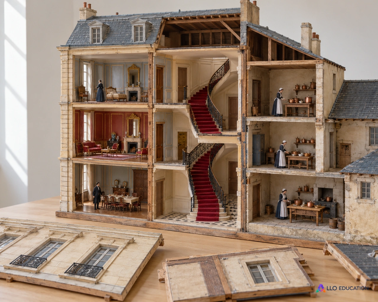 Une maison en coupe présente un escalier prestigieux et des cuisines sur cour ; des pans retirés annoncent le dévoilement.